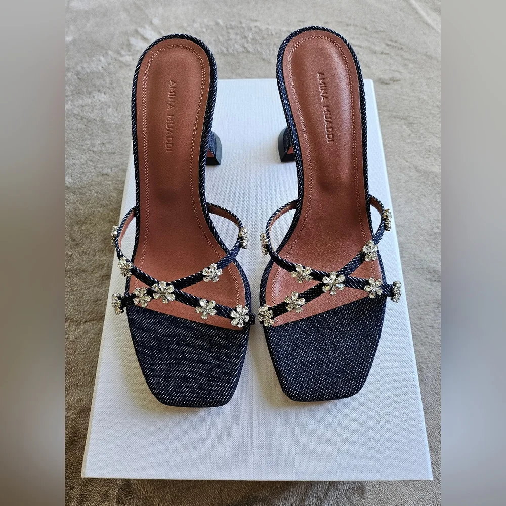 Amina Muaddi Lily Denim Slipper/Heel 70 mm, Flower crystals, Size 37.5